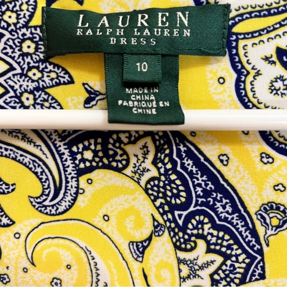 Lauren Ralph Lauren yellow paisley print faux wrap ruched knee length dress 10
